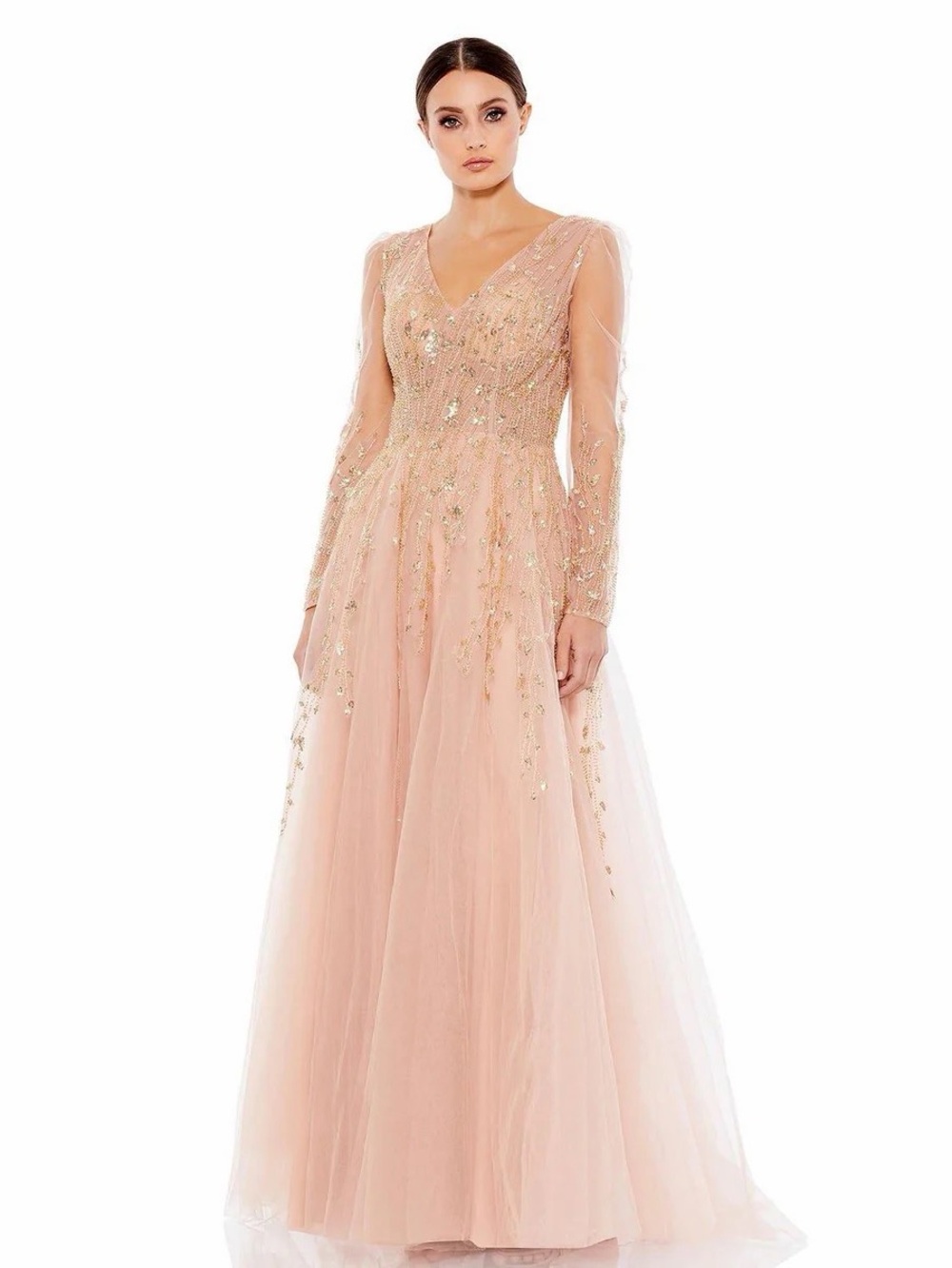 Mac Duggal Embellished V Neck Long Sleeve A Line Gown